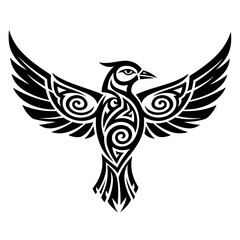 Fototapeta premium Tribal tattoo style phoenix bird illustration with outstretched wings, black and white design