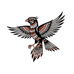 Fototapeta premium Tribal Patterned Bird in Flight with Outstretched Wings and Colorful Feathers
