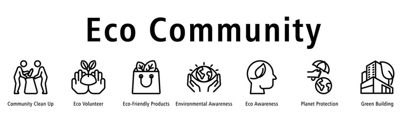 Eco Community web banner icon vector illustration with icons of Community Clean Up, Eco Volunteer, Eco-Friendly Products, Environmental Awareness, Eco Awareness, Planet Protection, and Green Building