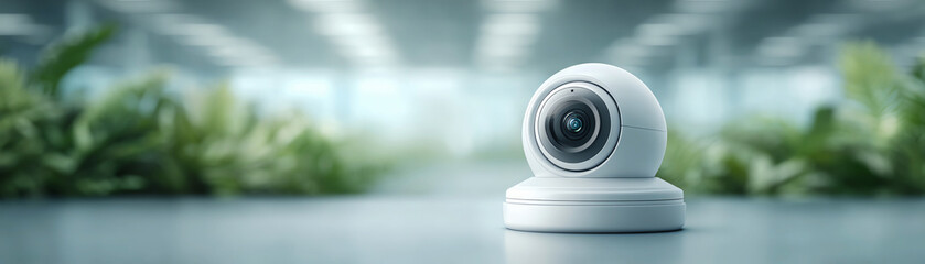 Smart security camera provides watchful surveillance and monitoring technology for office safety and protection. modern interior background