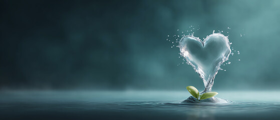 Pure water splash forming heart shape from green plant sprout. serene concept of love, life, growth, and nature on clean background