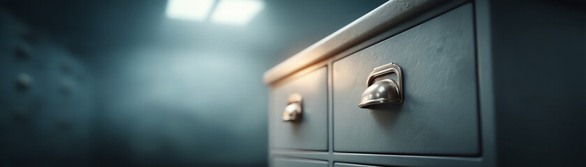 Mysterious dark office room with filing cabinet for storage and archive. Dim light from above creates suspense and moody atmosphere