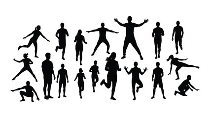 People in various active poses silhouettes isolated on white background, Vector