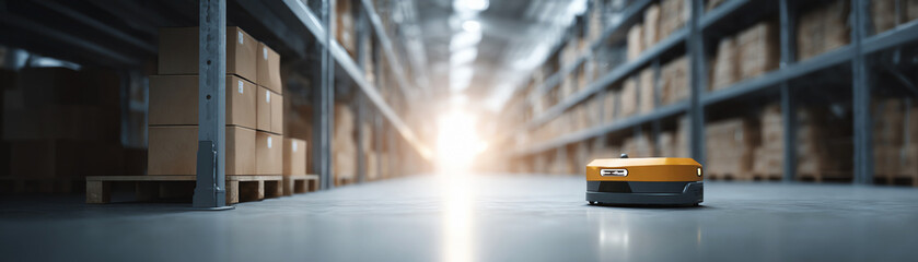 Automated delivery robot in futuristic warehouse. Modern technology for future logistics, industrial automation, and efficient storage