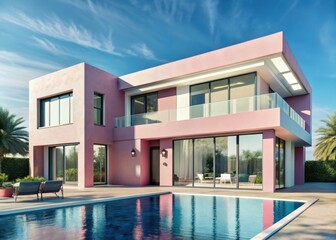 Modern luxury villa boasts vibrant pink hues and sleek lines, exuding opulence and sophistication in its exterior design