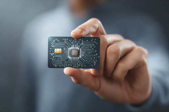 Businessman hand holding credit card with microchip. concept of finance technology, secure business payment, cybersecurity, and fraud detection - Powered by Adobe