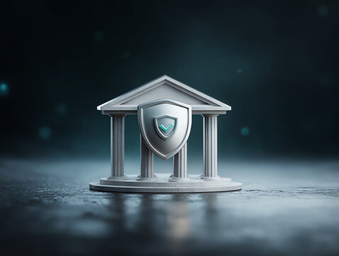 Financial bank building with shield protecting data symbolizes security, safety, and trust. strong concept for cybersecurity and finance