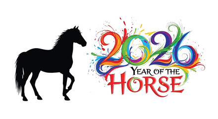 Silhouette of a horse alongside a vibrant year of the horse design