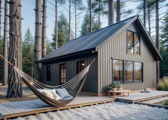 A serene retreat awaits in this secluded forest haven, where a rustic cabin cradles a hammock amidst natures tranquility