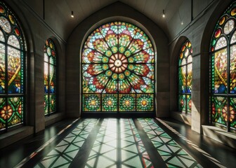 Vibrant illumination pours through a stained glass window, casting a kaleidoscope of colors across a bright and airy room