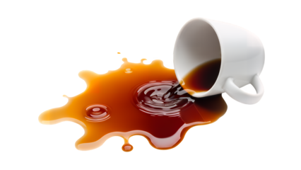 White ceramic mug accidentally tipped over, spilling hot dark coffee into a messy brown liquid puddle on a surface, isolated on transparent background
