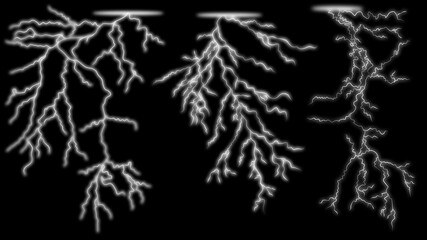 Realistic glowing lightning bolts with electric branching shapes on a dark black background, powerful storm energy.