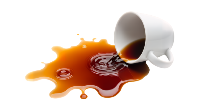 White ceramic mug accidentally tipped over, spilling hot dark coffee into a messy brown liquid puddle on a surface, isolated on transparent background