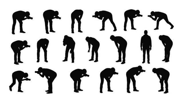 Photographer and bending people silhouettes set isolated on white background, Vector