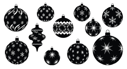 A collection of black and white ornamental christmas baubles on a white background