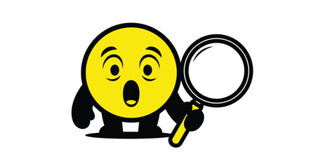 A surprised yellow cartoon character holding a magnifying glass intently