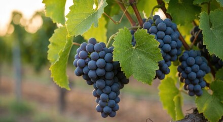 Ripe dark grapes hanging in a vineyard with green leaves, blurred background