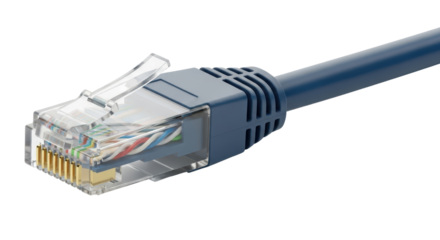 Blue ethernet cable with RJ45 connector for data transmission isolated PNG with Transparent Background
