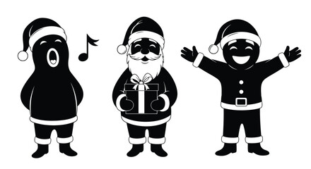Three black and white festive characters with santa hats sing and celebrate