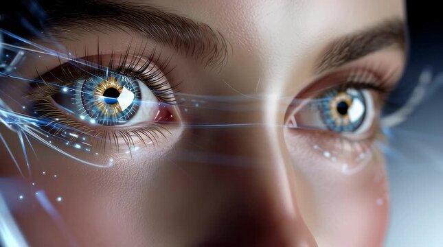Futuristic optometry concept, a human eye as a holographic 3D display, retina layers visible in glowing detail, soft light grids and holographic effects projected about 10 cm in front of the eye (not 