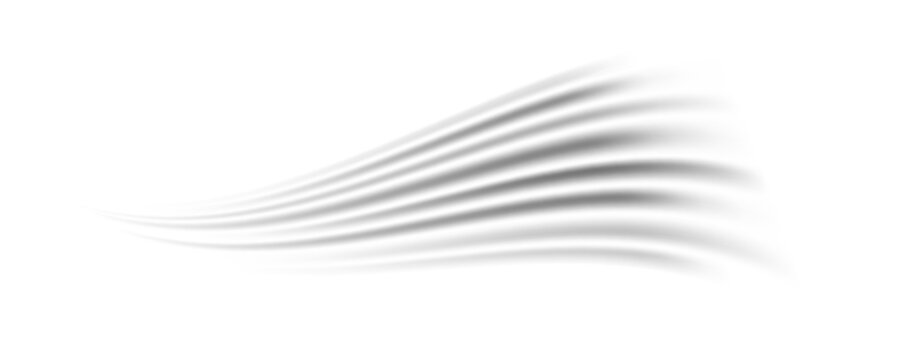 Grey wind lines effect. Air flow stream wave motion trace. Light curved speed element. Swoosh or swash stripe path design illustration. Air conditioner blow concept. Vector twirl swish background