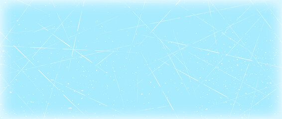 Fototapeta premium Scratched ice surface texture. Light blue ice background with skate scratches, traces, cracks. Rough winter sport rink backdrop. Frozen lake or pond water wallpaper with dots, spot and lines. Vector