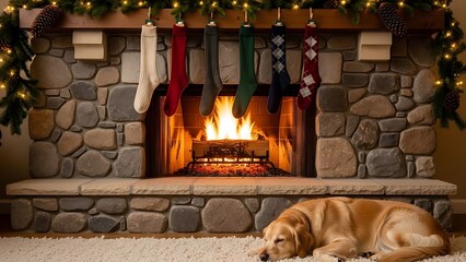 A cozy fireplace with stockings, a warm fire, and a sleeping dog.