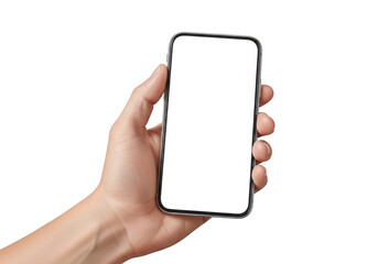 Hand holding a smartphone with a blank white screen isolated on transparent background