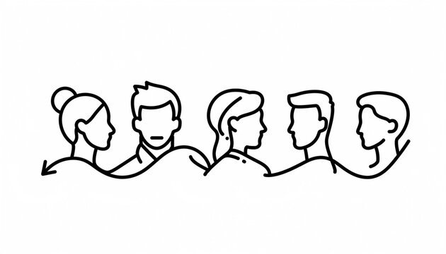 Minimalist line art icon of a diverse team profile, representing human resources, unity, and social networking