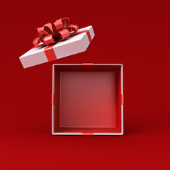 Obraz premium Blank white gift box mockup exhibition booth stand open or opened present box tied with red ribbon bow isolated on dark red background with shadow minimal creative idea conceptual 3D rendering