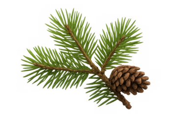 Pine tree branch featuring green needles and a brown pinecone, a classic evergreen winter and christmas symbol on transparent background