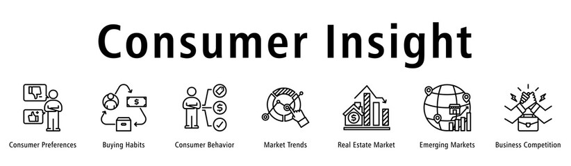 Fototapeta premium Consumer Insight banner presenting preferences, habits, behavior, trends, real estate, emerging markets and competitive dynamics.