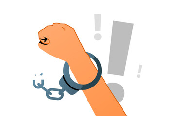 illustration of raised fist breaking free from shattered handcuffs. freedom, liberation, human rights, social justice, independence, breaking limitations. for activism or empowerment campaigns