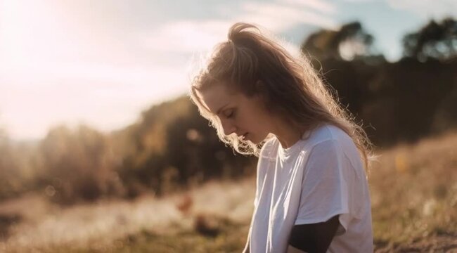 Serenidade ao p&ocirc;r do Sol  mulher meditando ao ar livre, respirando profundamente