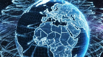 Digital globe with glowing blue network lines and data streams, Earth map showing continents and countries, futuristic technology concept with global digital communication in space environment - Powered by Adobe