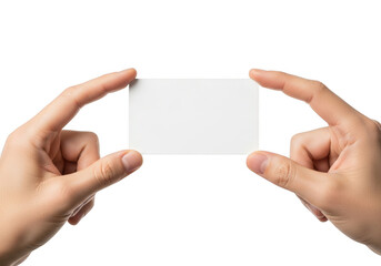 Hands holding a blank white business card isolated on transparent background