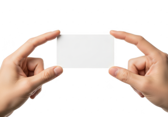 Hands holding a blank white business card isolated on transparent background