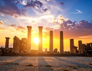 Ancient ruins bathed in golden sunlight at sunset. Columns silhouetted against a dramatic sky with vibrant orange hues