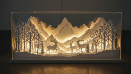 Illuminated paper art diorama depicting a winter forest scene with deer and mountains, creating a magical ambiance.