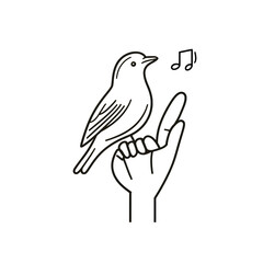 Obraz premium Minimalist line art illustration of a delicate bird perched on an open hand holding a small flower isolated on transparent background