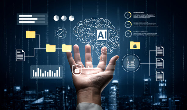 This image captures a futuristic theme with a hand displaying an AI brain overlay, symbolizing advanced technology and data analytics in a modern urban setting. Gantry