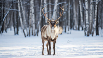Majestic reindeer with impressive antlers standing proudly in a serene, snow-covered winter forest scene