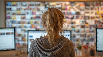 Woman sits at a desk working on a computer with multiple screens in a home office environment displaying a modern digital workspace with a focus on technology internet and online business showing a f