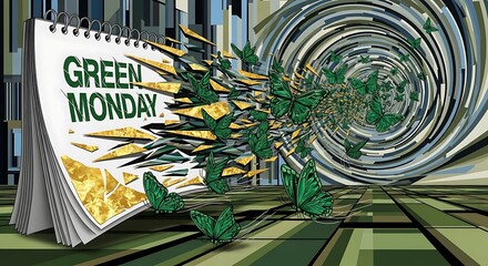 Green Monday calendar with butterflies in urban setting sustainability theme