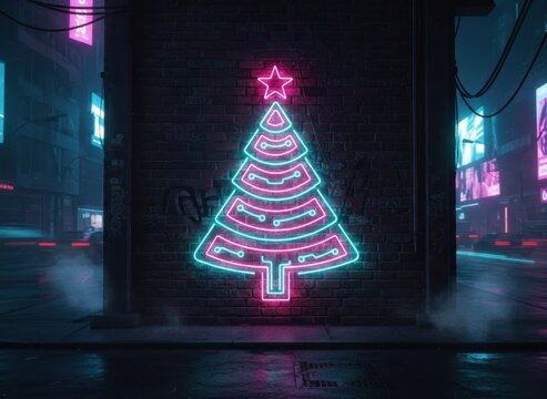 Glowing neon christmas tree sign with digital circuit patterns on a gritty brick wall in a futuristic city scene.