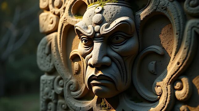 Stone wall relief face of imaginary guardian deity, rough texture, soft side-light, dramatic shadows, isolated antique aesthetic