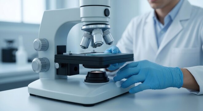 Scientist adjusts a microscope, wearing gloves and lab coat in bright lab