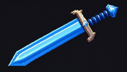 A pixelated sword, mainly blue, on a black background. The blade glistens, with golden hilt, suggesting a magical origin