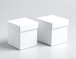Fototapeta premium Two square, white, lidded boxes, slightly different angles, sit against a gradient grey background. Clean design, simple and minimalist