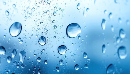 Close up of water droplets on a window pane with a blurred blue background creating a serene and calming atmosphere abstract texture